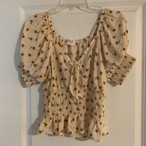 Sienna Sky Cream Floral Smocked Peasant Blouse with Yellow Print